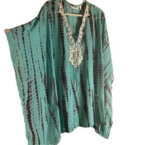 Soft Surroundings Galene Teal Tie-Dye Tunic Embellished w/ Pearls & Capiz Sz L
